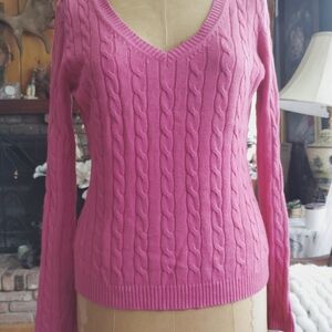 LOFT Fuchsia Cable Knit V-Neck Sweater